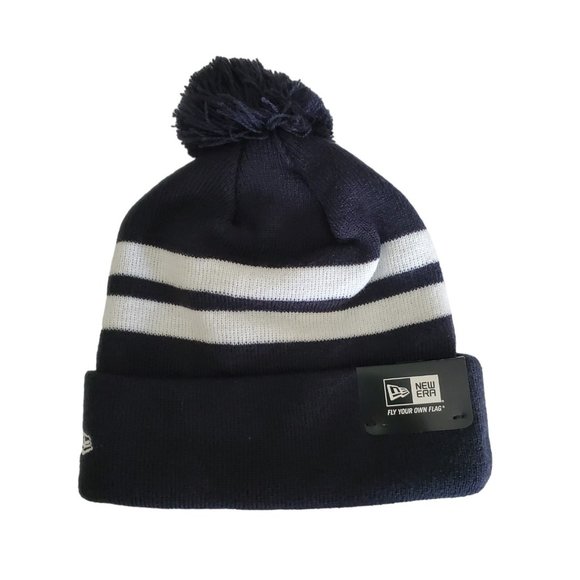 New Era Blank Cuffed Adult Pom Beanie Hat Stocking Cap‎ Dark Navy Blue/White - Picture 1 of 2